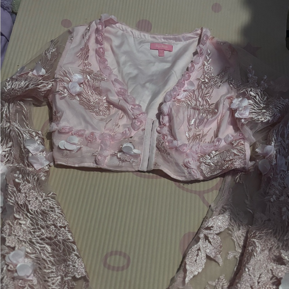 Sugar Thrillz Floral Lace Bell Sleeve Crop Top and Skirt